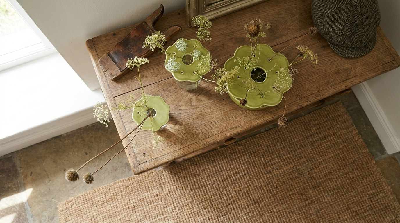 The three ceramic Flower Collars seen from above on a wooden table with wild umbels